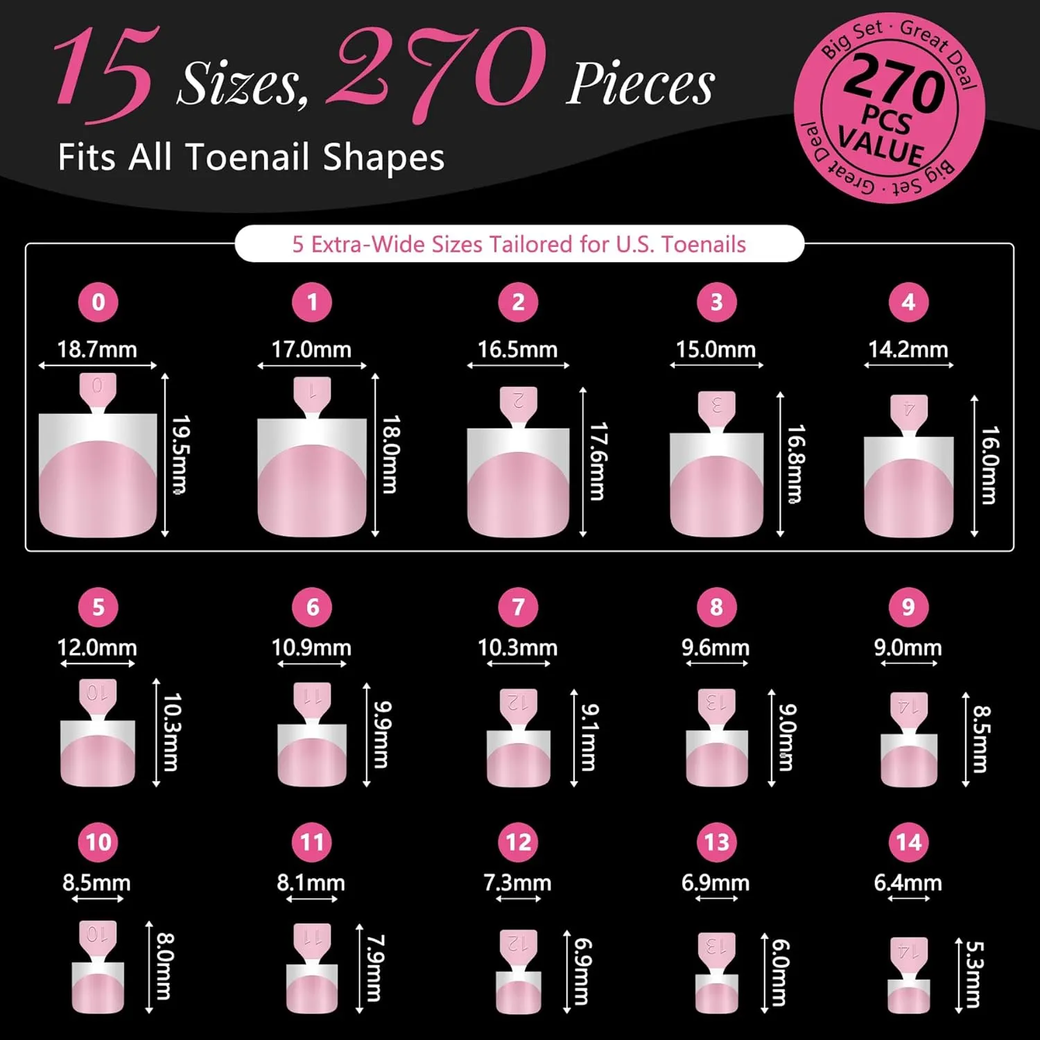 Press On Toenails for Women French Tips, Sharp Square Pre-applied Primer & Base Coat Toe Nail Press Ons Baby Pink Full Cover Fake Nail Tips Extension 15 Sizes 270 Pcs, Builder Gel & Top Coat Required