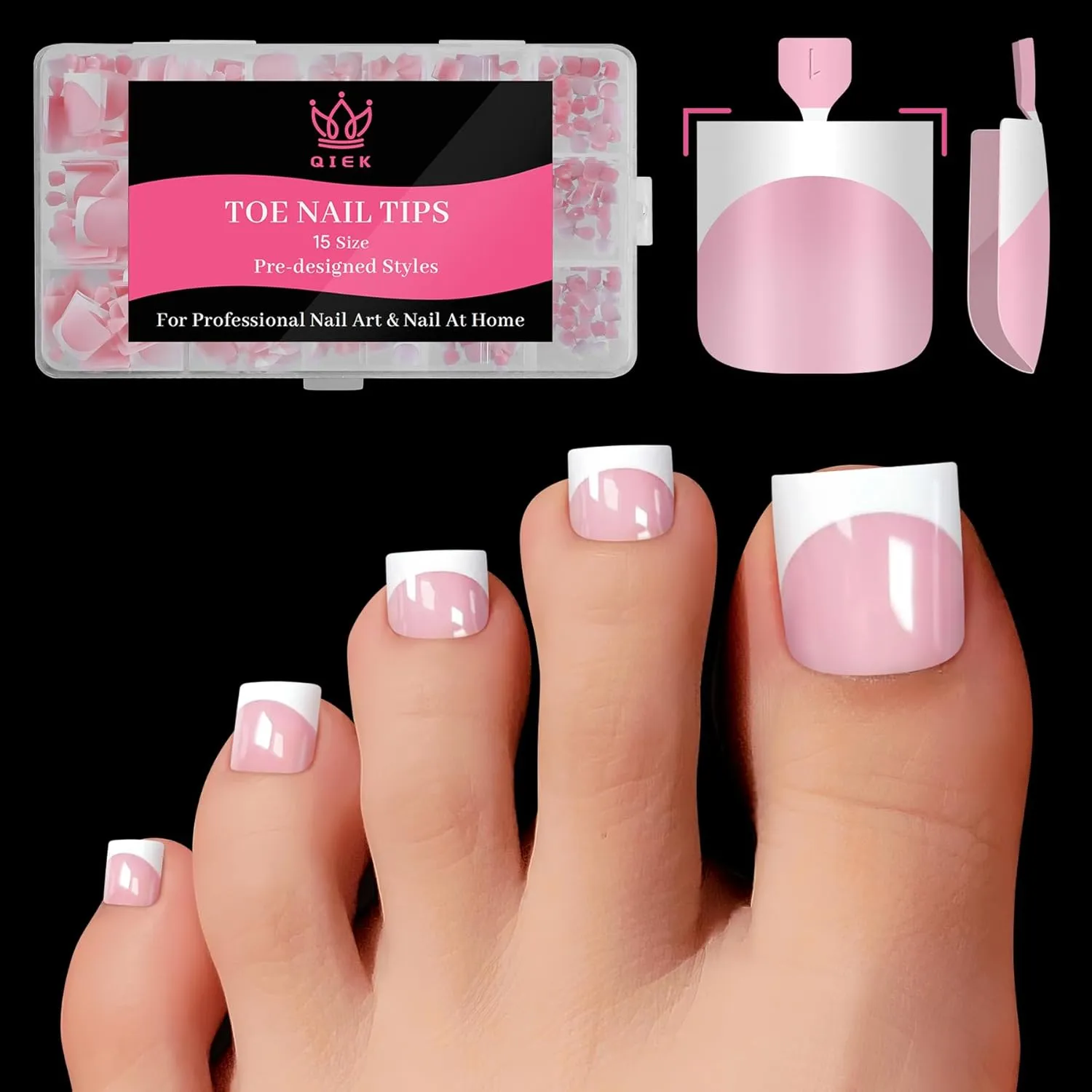 Press On Toenails for Women French Tips, Sharp Square Pre-applied Primer & Base Coat Toe Nail Press Ons Baby Pink Full Cover Fake Nail Tips Extension 15 Sizes 270 Pcs, Builder Gel & Top Coat Required