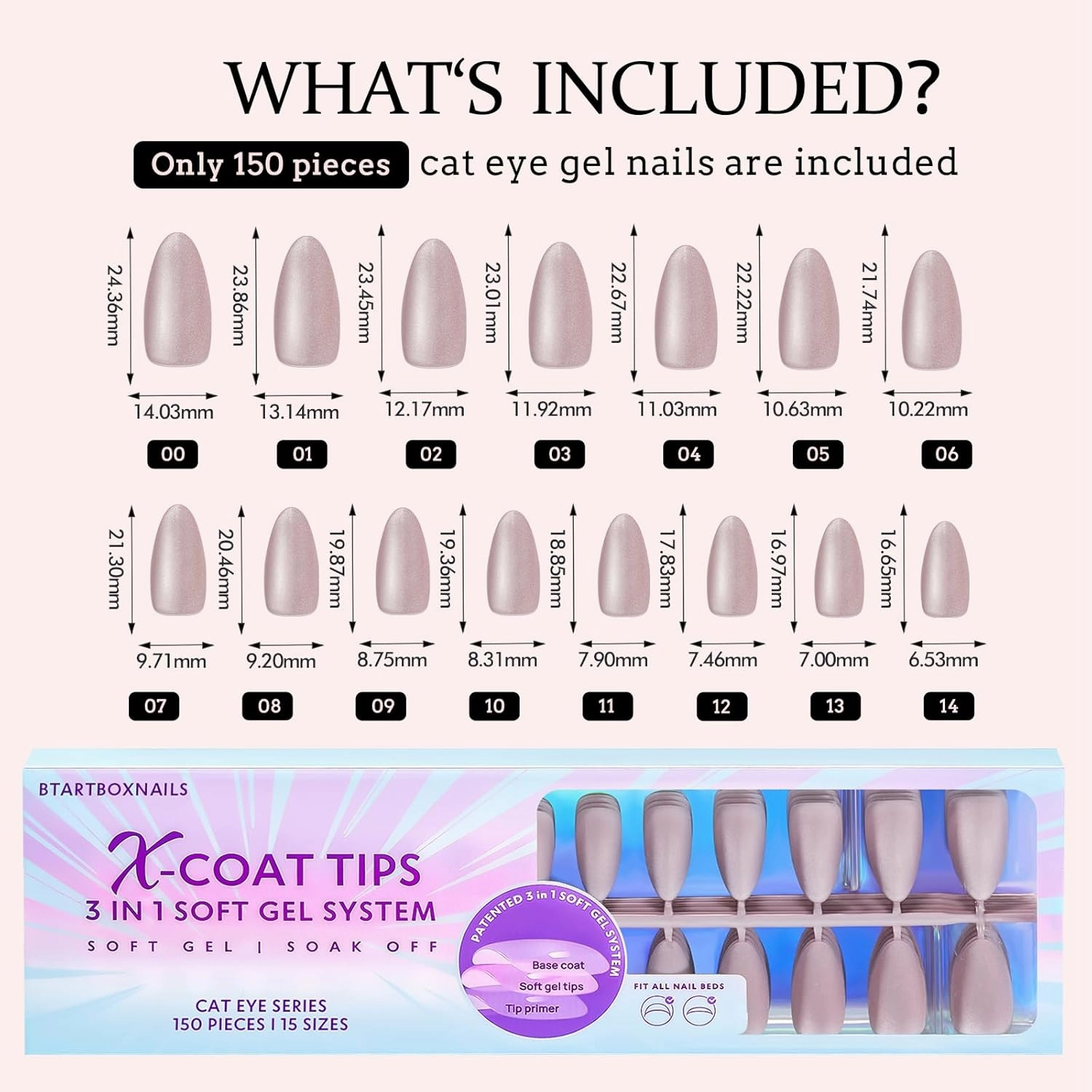 Press On Nails Almond - BTArtboxnails Gel Nail Tips Medium, 3 In 1 Cat Eye X-COAT Tips Pre-applied Tip Primer, Soak Off Acrylic Fake Nails Glue On Nails In 15 Sizes - 150 Nail Extension, Falling Star