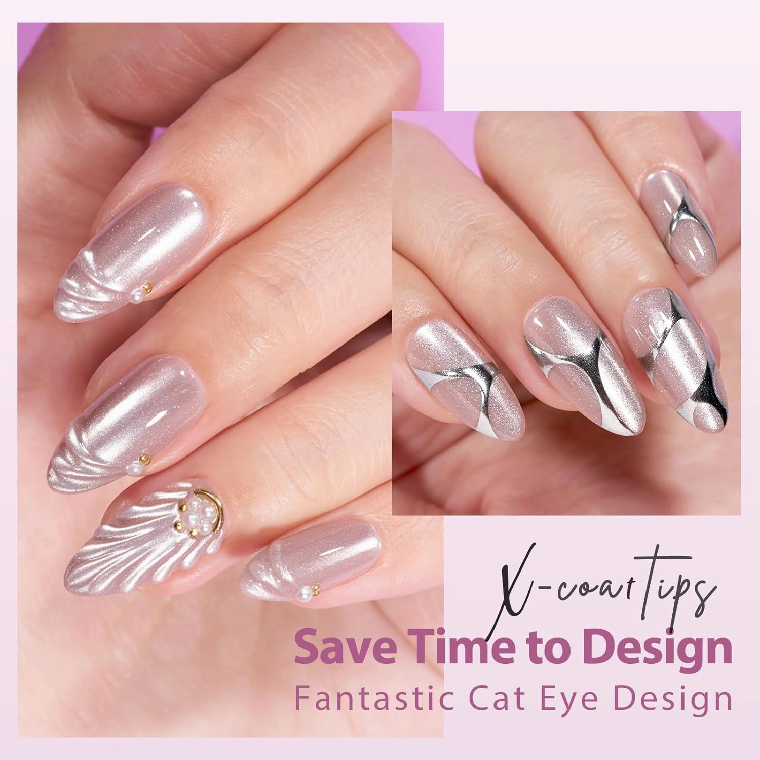 Press On Nails Almond - BTArtboxnails Gel Nail Tips Medium, 3 In 1 Cat Eye X-COAT Tips Pre-applied Tip Primer, Soak Off Acrylic Fake Nails Glue On Nails In 15 Sizes - 150 Nail Extension, Falling Star