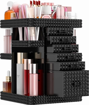 Rotating Makeup Organizer with 6 Drawers[New Updated], Multifunctional Cosmetics Organizer for Vanity Countertop, Square Jewelry Storage, Skincare Organizer for Makeup Holder (Plus Size-Black)