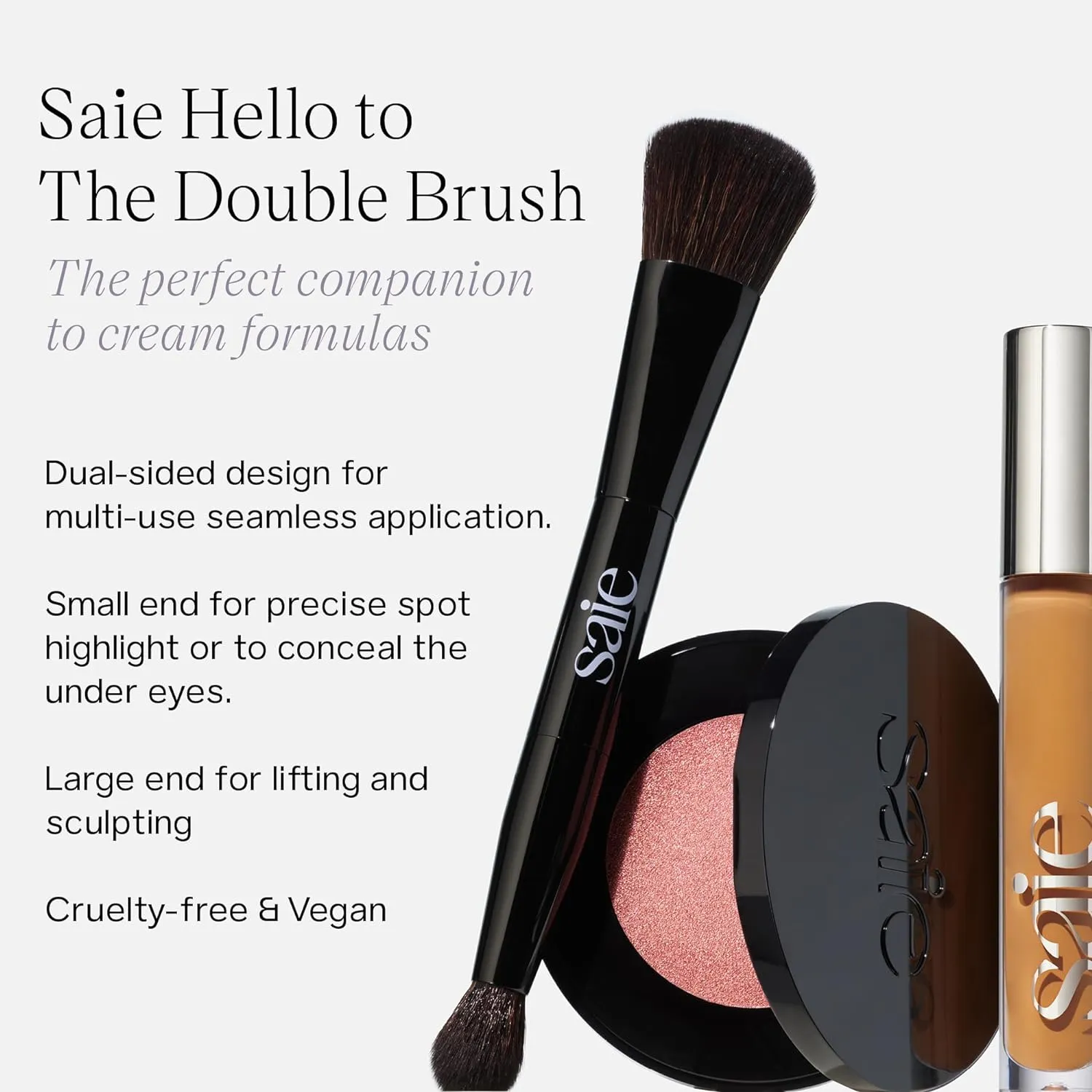 Saie The Double Brush - Multi-Use Dual Ended Makeup Brush To Highlight, Contour and Conceal - Large Ended Face Brush For Sculpting   Precise Application - Vegan, Cruelty-Free (1 Count)