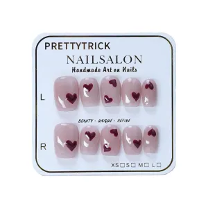 Salon Effect Handmade Press On Nails Love Heart Shimmery Cat Eyes Gel Hand Painted Short Square False Nails Red for Girls 10 Pieces (Love Heart Square, L)