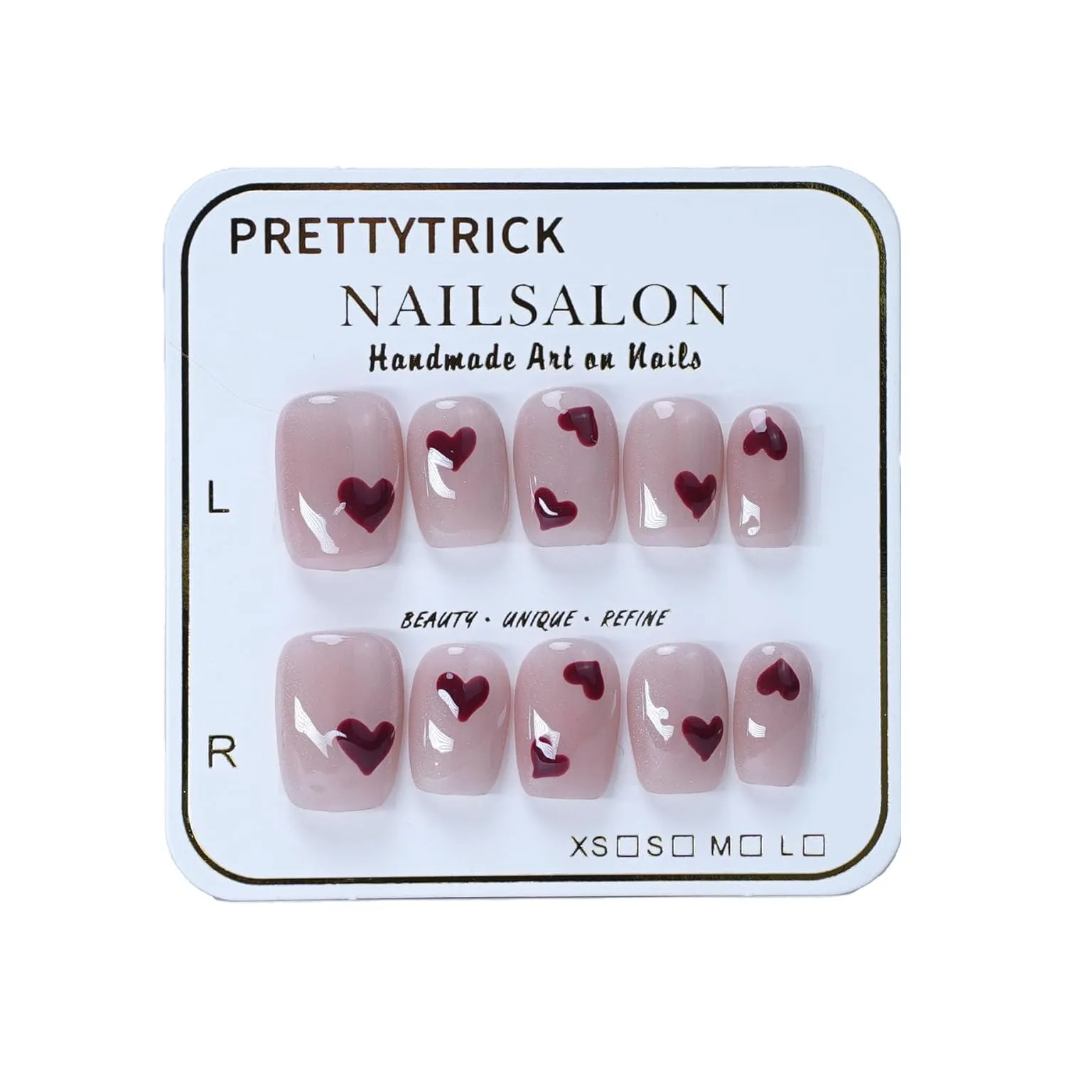 Salon Effect Handmade Press On Nails Love Heart Shimmery Cat Eyes Gel Hand Painted Short Square False Nails Red for Girls 10 Pieces (Love Heart Square, L)