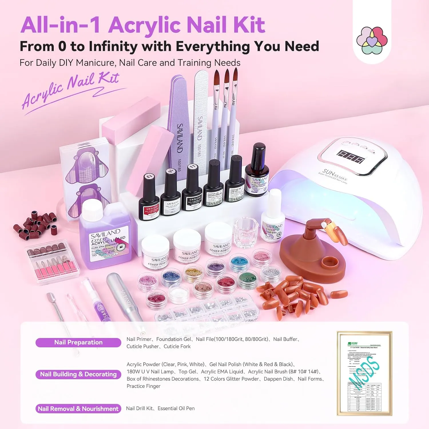 SAVILAND Acrylic Nail Kit with Drill: Acrylic Nail Set with Everything Beginners Professional Nail Kit Acrylic Set U V Nail Lamp Acrylic Powder and Liquid Set with Practice Finger Gift Home Salon
