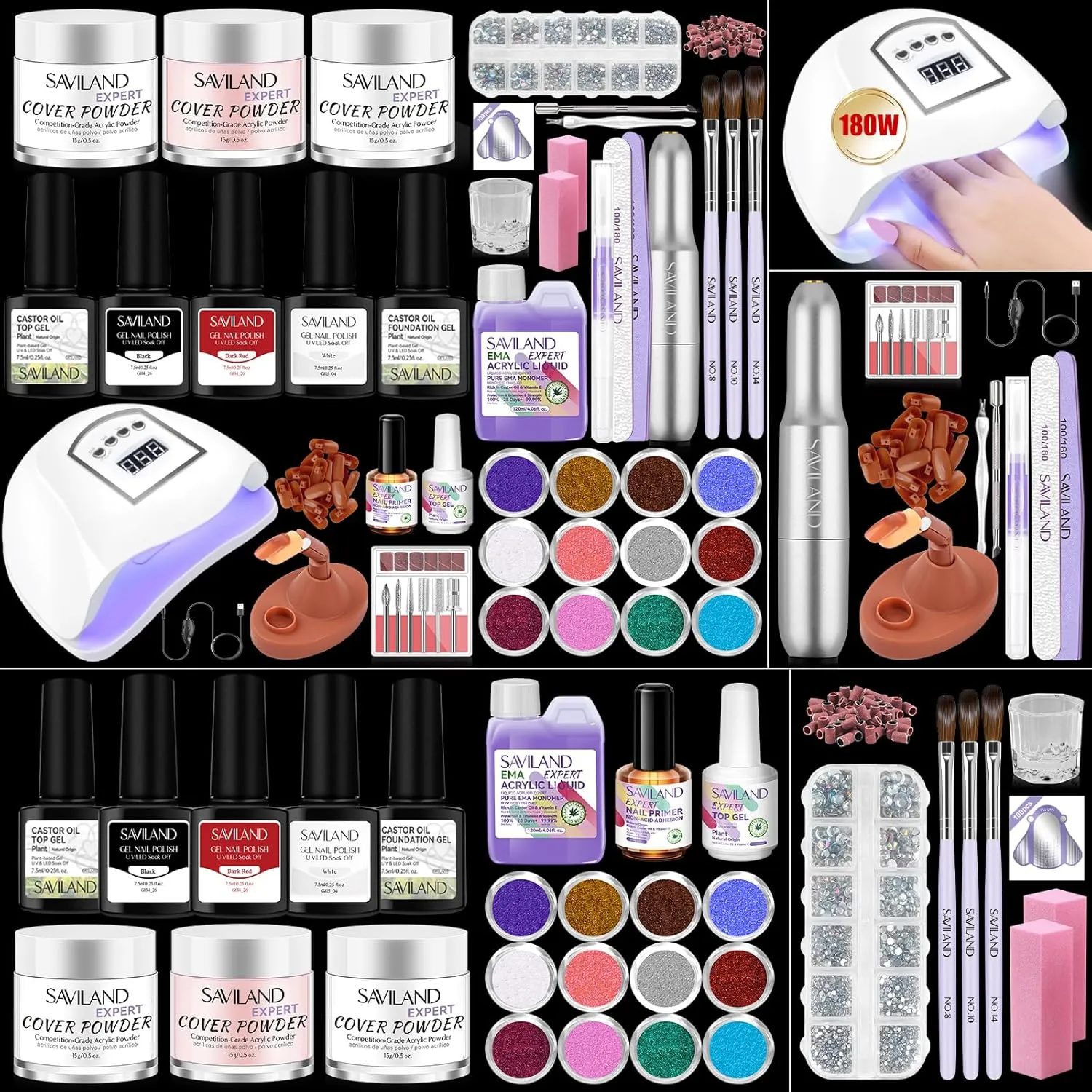 SAVILAND Acrylic Nail Kit with Drill: Acrylic Nail Set with Everything Beginners Professional Nail Kit Acrylic Set U V Nail Lamp Acrylic Powder and Liquid Set with Practice Finger Gift Home Salon