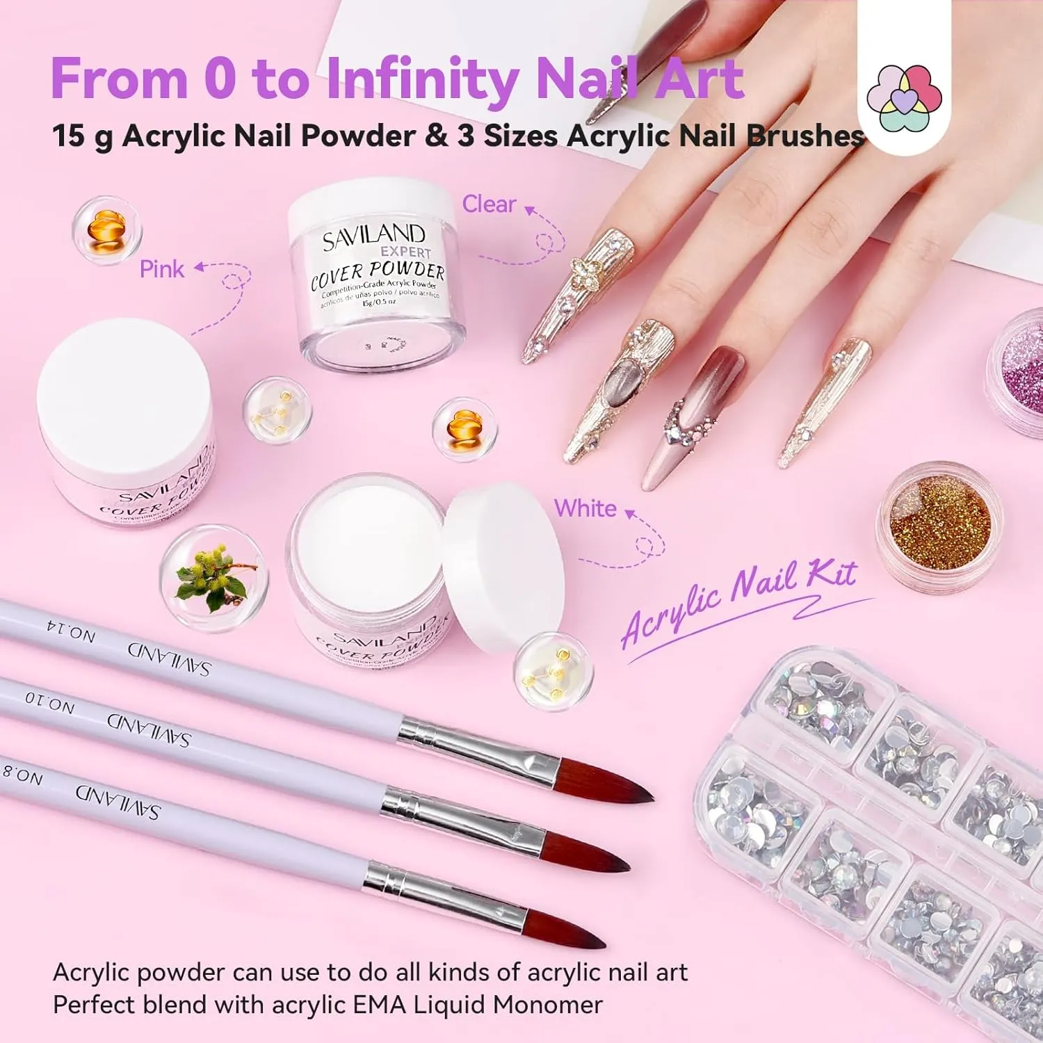 SAVILAND Acrylic Nail Kit with Drill: Acrylic Nail Set with Everything Beginners Professional Nail Kit Acrylic Set U V Nail Lamp Acrylic Powder and Liquid Set with Practice Finger Gift Home Salon