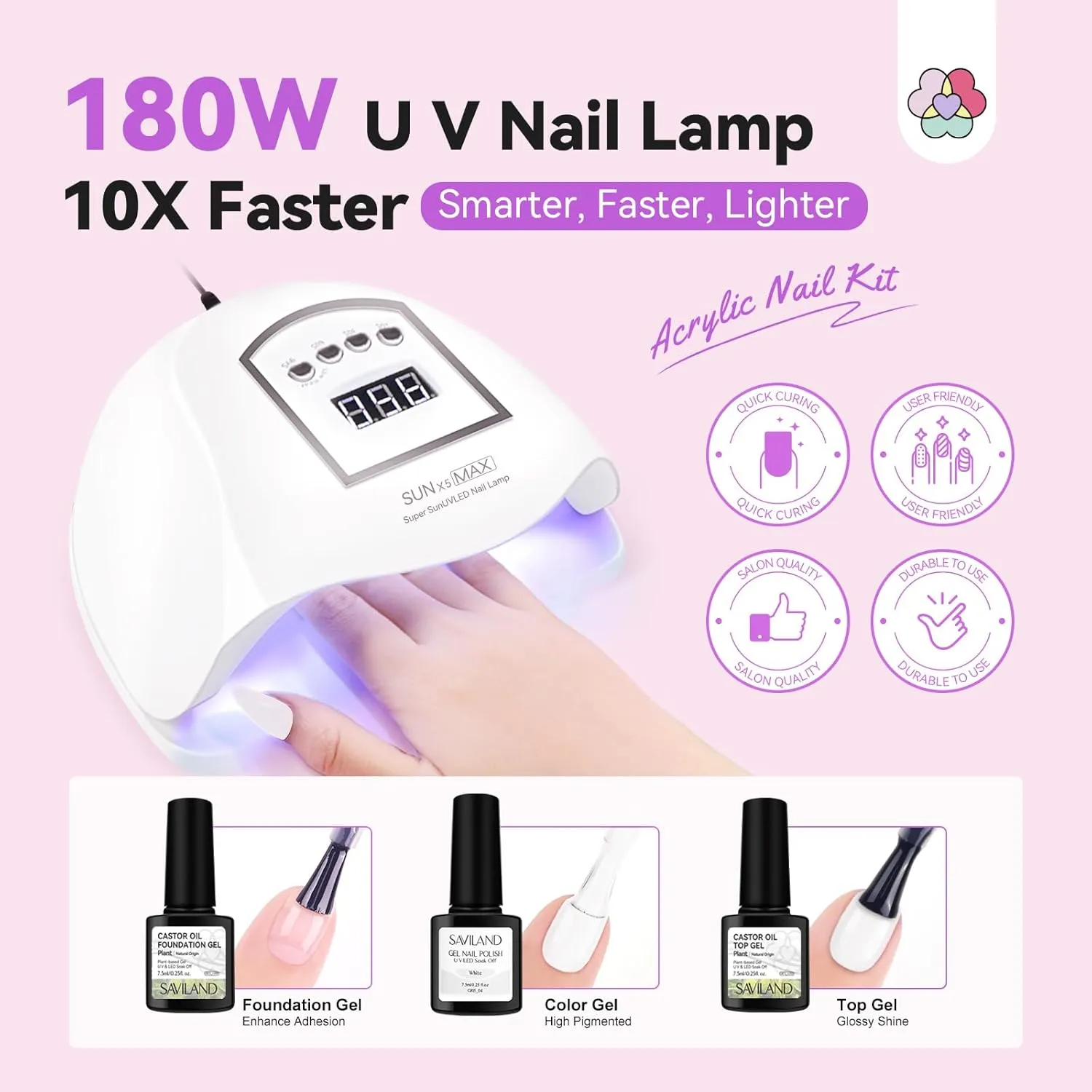 SAVILAND Acrylic Nail Kit with Drill: Acrylic Nail Set with Everything Beginners Professional Nail Kit Acrylic Set U V Nail Lamp Acrylic Powder and Liquid Set with Practice Finger Gift Home Salon