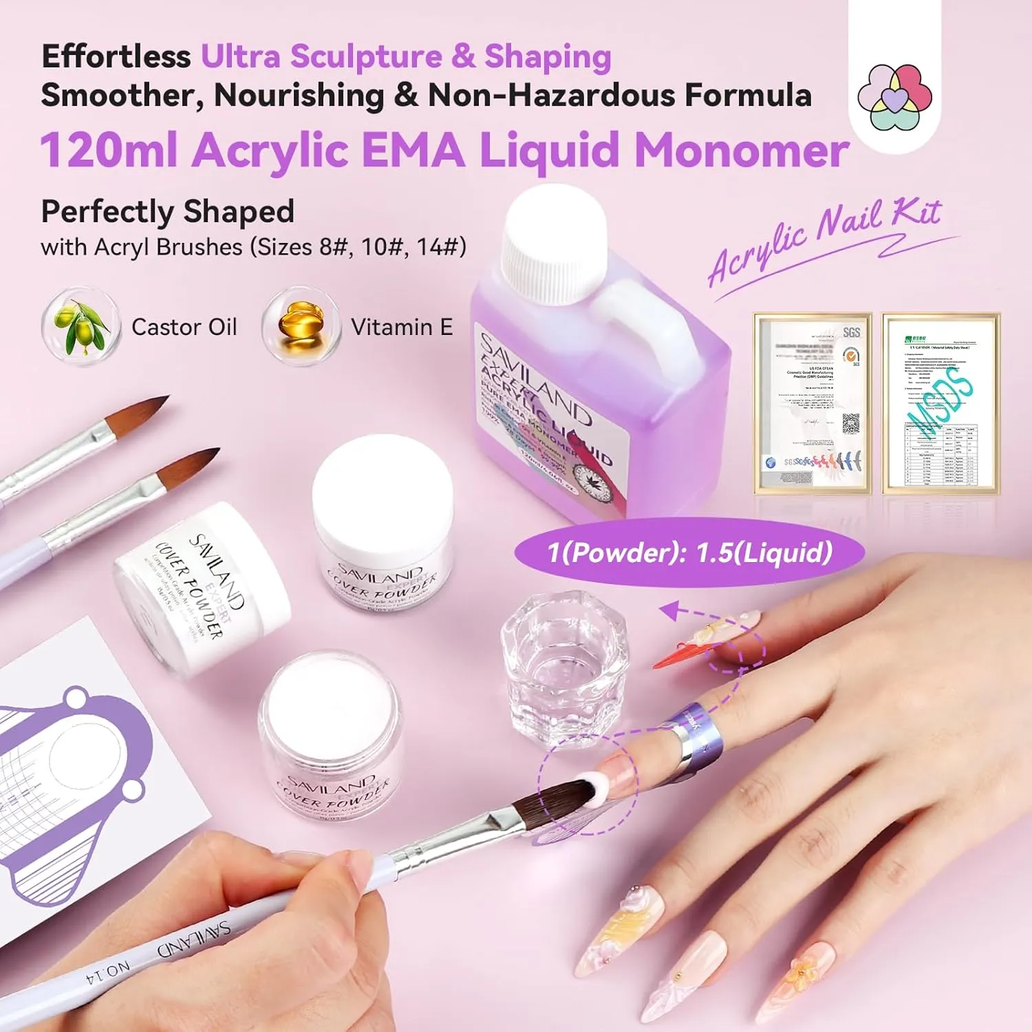 SAVILAND Acrylic Nail Kit with Drill: Acrylic Nail Set with Everything Beginners Professional Nail Kit Acrylic Set U V Nail Lamp Acrylic Powder and Liquid Set with Practice Finger Gift Home Salon