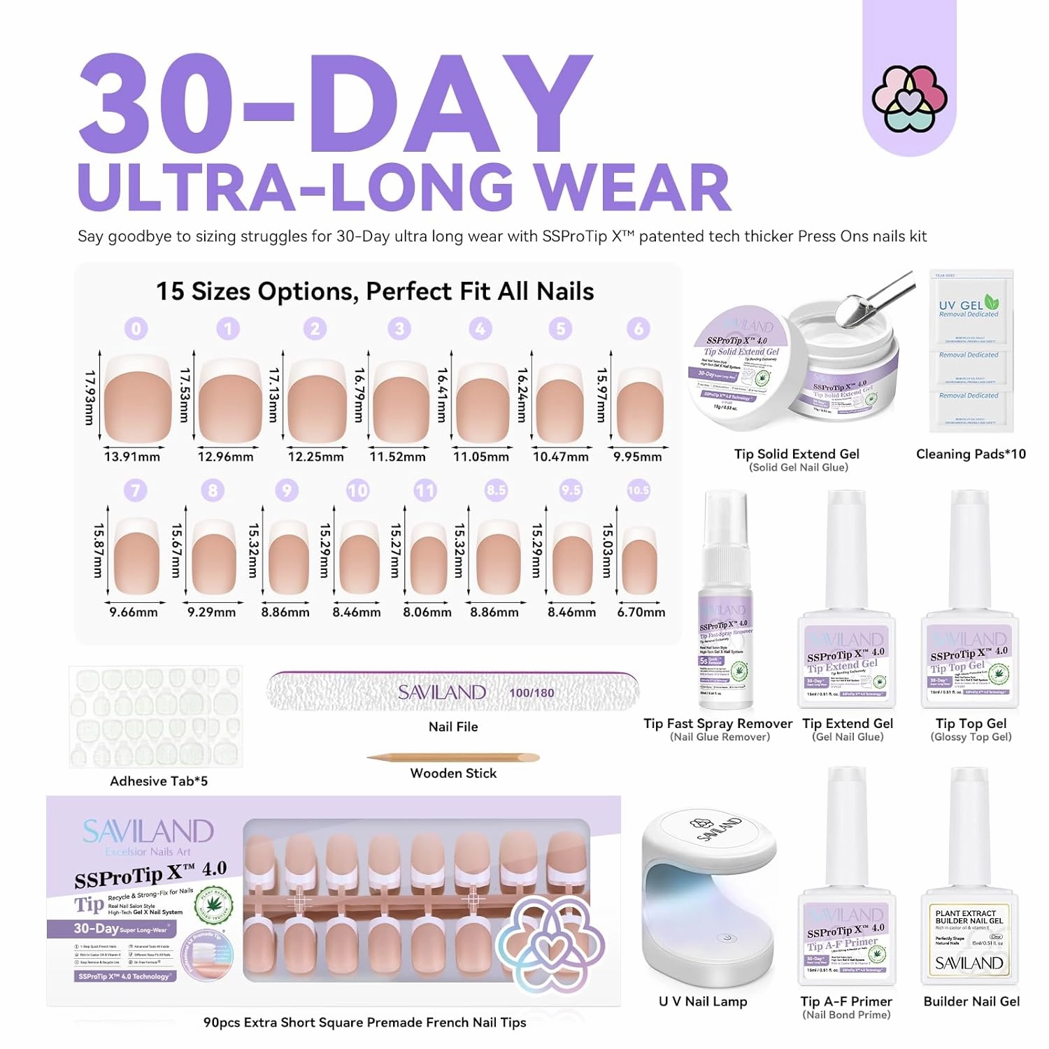 SAVILAND Press On Nails Short: French Tip Summer Builder Gel for Nail Long-lasting Solid Nail Glue Gel and U V Gels Glue Remover, Top Coat, Primer Prep and Mini Lamp, Manicure Art Kit DIY At Home