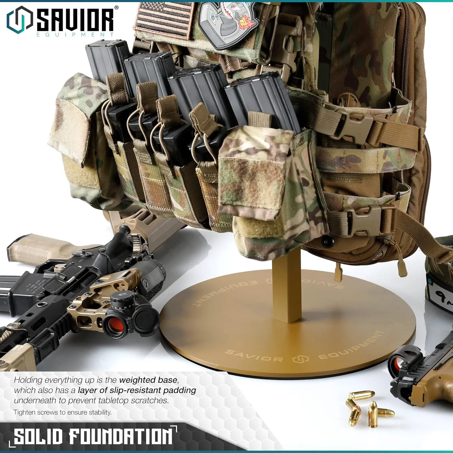 Savior Equipment H.P.C Tactical Gear Stand Tabletop Helmet Vest Display Rack, Military Gear Holder Plate Carrier Indoor Home Garage Free-Standing Organizer, Heavy Duty Steel Hold Up to 70 lbs