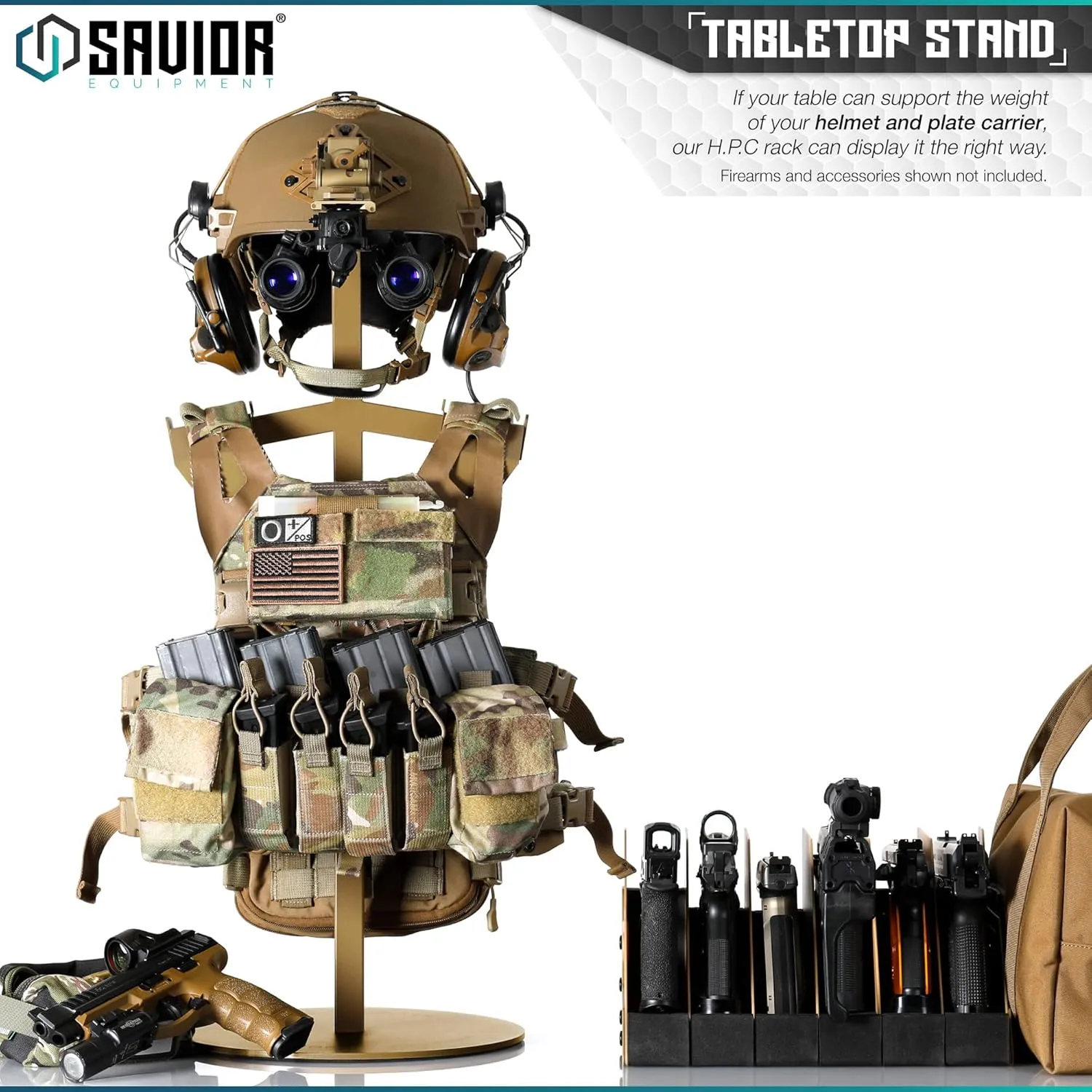 Savior Equipment H.P.C Tactical Gear Stand Tabletop Helmet Vest Display Rack, Military Gear Holder Plate Carrier Indoor Home Garage Free-Standing Organizer, Heavy Duty Steel Hold Up to 70 lbs