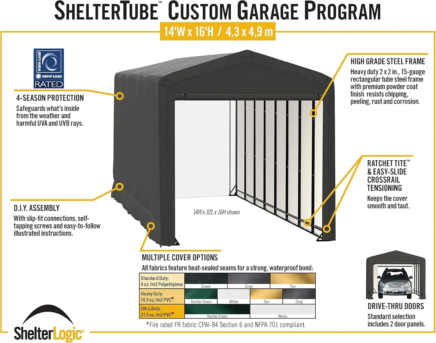 ShelterLogic ShelterTube Garage & Storage Shelter, 14' x 36' x 16' Heavy-Duty Steel Frame Wind and Snow-Load Rated Enclosure, Gray