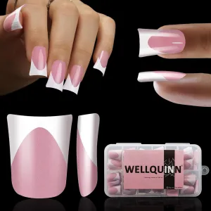 Short Duck French Tip Press on Nails, Full Cover Duck Feet Fake Nails, Pre-applied Tip Primer & Base Coat, Pink Full Cover Matte False Nails for DIY Y2K Manicure 12 Sizes 240 pcs