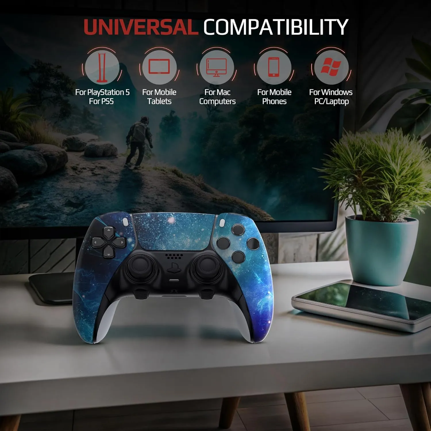 Silent Modz Edge Custom Controllers Compatible with PS5 - Unique Design Custom Wireless Gaming Controller for PlayStation 5, PC & Mobile Gaming with Paddles and Trigger Stops, Handcrafted in USA (Blue Nebula Soft Touch)
