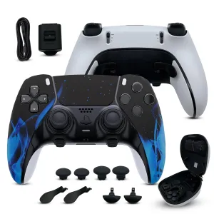 Silent Modz Edge Custom Wireless Controllers Compatible with PS5 - Unique Design Soft Touch Gaming Bundle for PlayStation 5, PC & Mobile with Paddles, Trigger Stops, Carrying Case, Handcrafted in USA (Blue Flames Soft Touch)