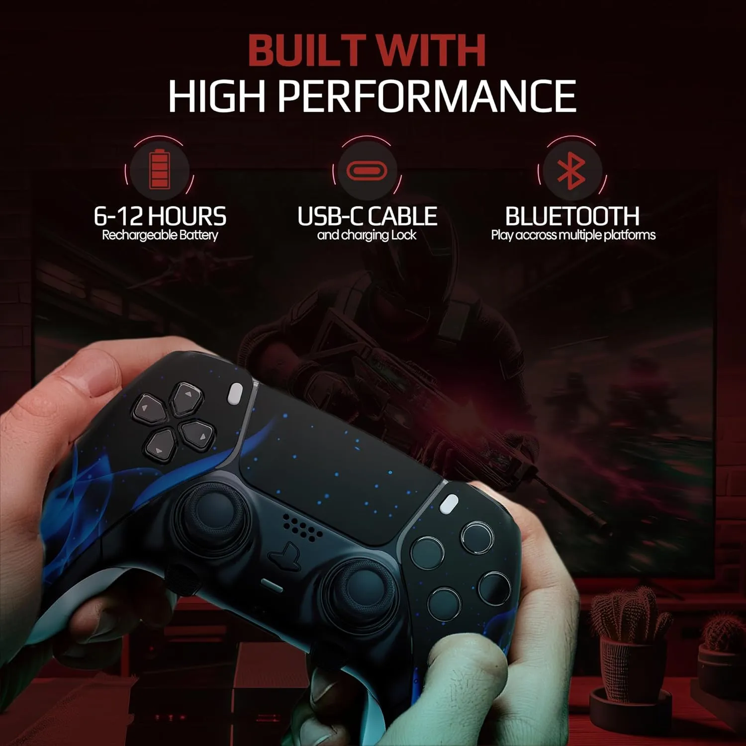 Silent Modz Edge Custom Wireless Controllers Compatible with PS5 - Unique Design Soft Touch Gaming Bundle for PlayStation 5, PC & Mobile with Paddles, Trigger Stops, Carrying Case, Handcrafted in USA (Blue Flames Soft Touch)