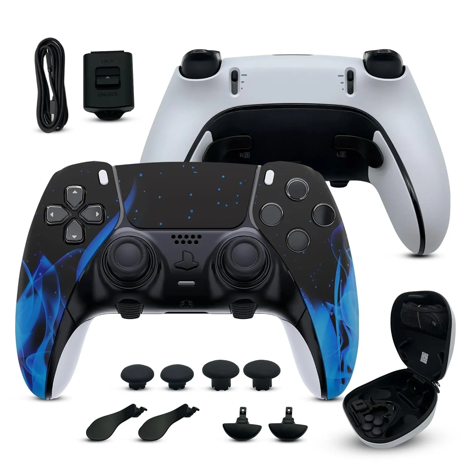 Silent Modz Edge Custom Wireless Controllers Compatible with PS5 - Unique Design Soft Touch Gaming Bundle for PlayStation 5, PC & Mobile with Paddles, Trigger Stops, Carrying Case, Handcrafted in USA (Blue Flames Soft Touch)