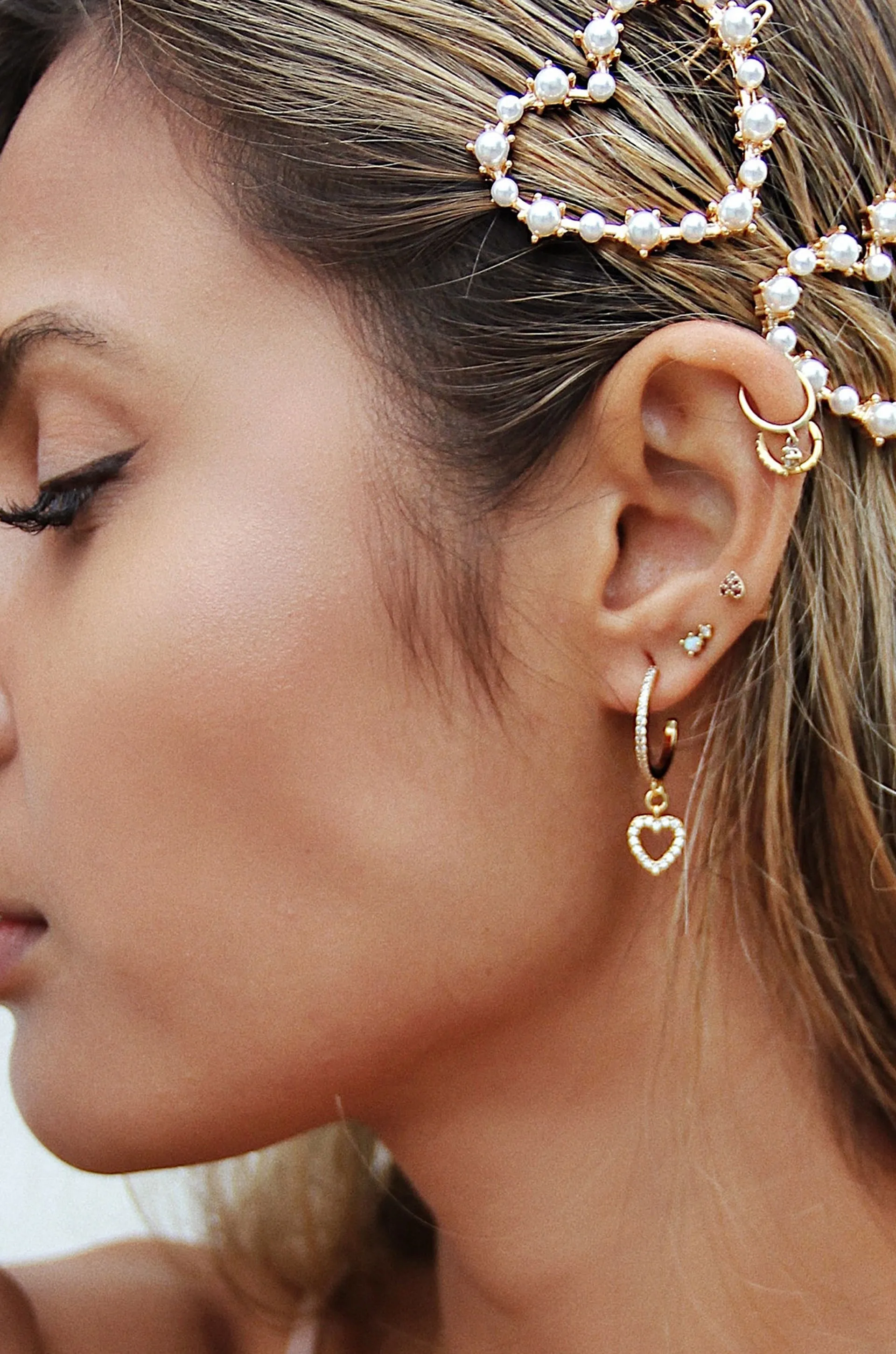 Small Crystal Heart Dangle Hoop 18k Gold Plated Earrings