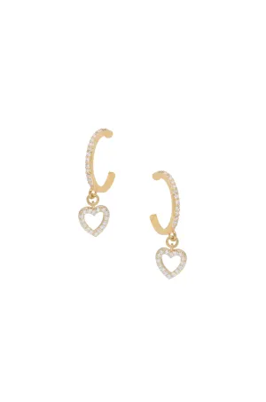 Small Crystal Heart Dangle Hoop 18k Gold Plated Earrings