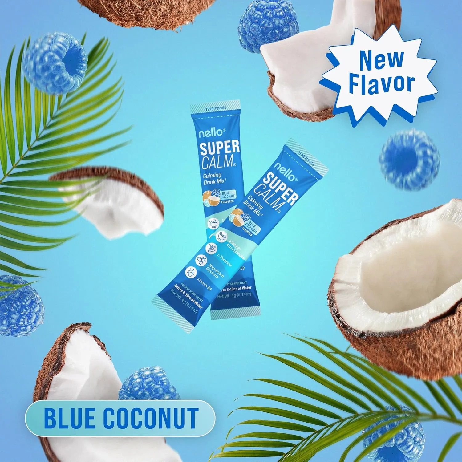 Supercalm Powdered Drink Mix, Blue Coconut, L Theanine, Ksm-66 Ashwagandha, Magnesium Glycinate, Vitamin D 3, Supplements for Relaxation & Focus, No Sugar, Non GMO, On The Go, 20 Srvgs