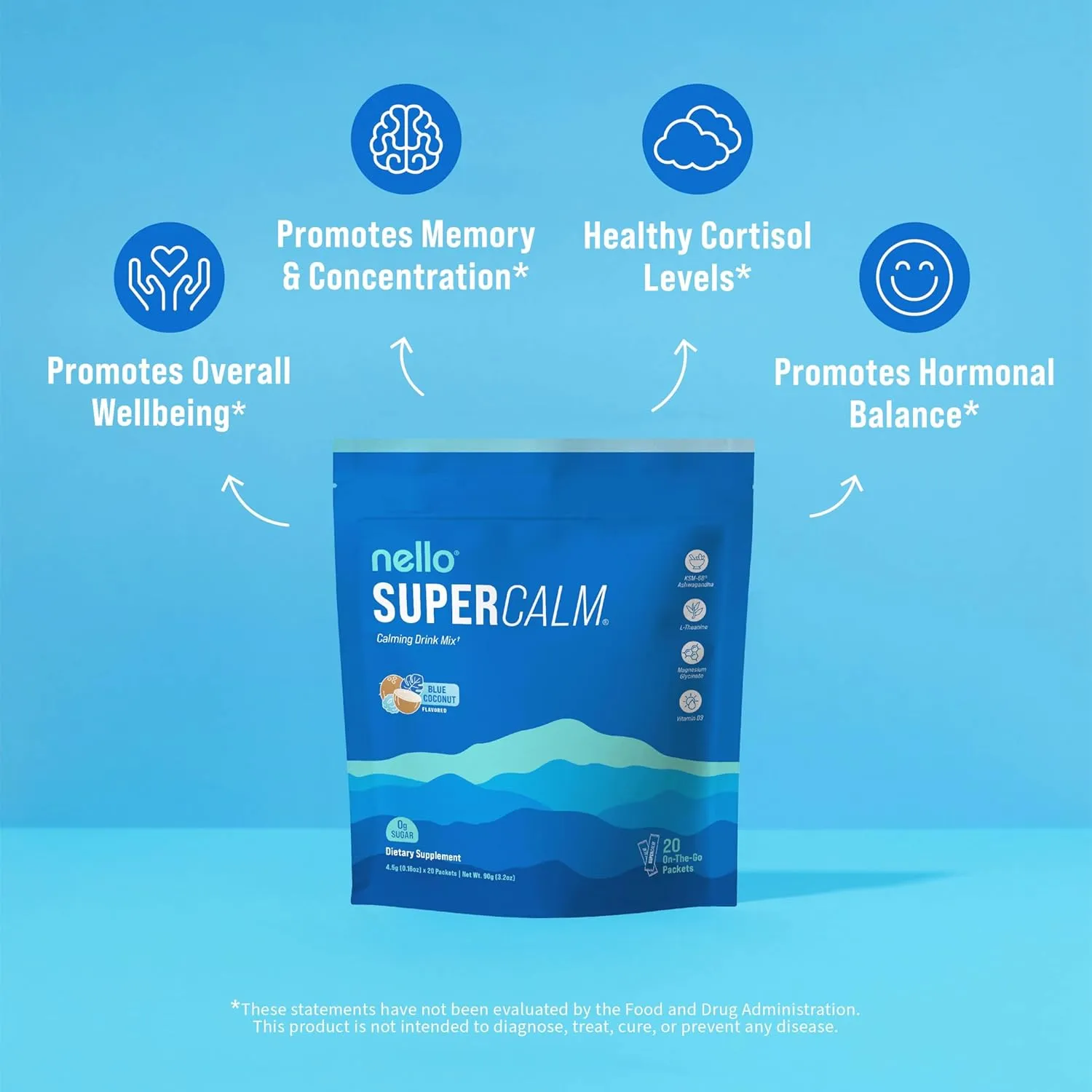 Supercalm Powdered Drink Mix, Blue Coconut, L Theanine, Ksm-66 Ashwagandha, Magnesium Glycinate, Vitamin D 3, Supplements for Relaxation & Focus, No Sugar, Non GMO, On The Go, 20 Srvgs