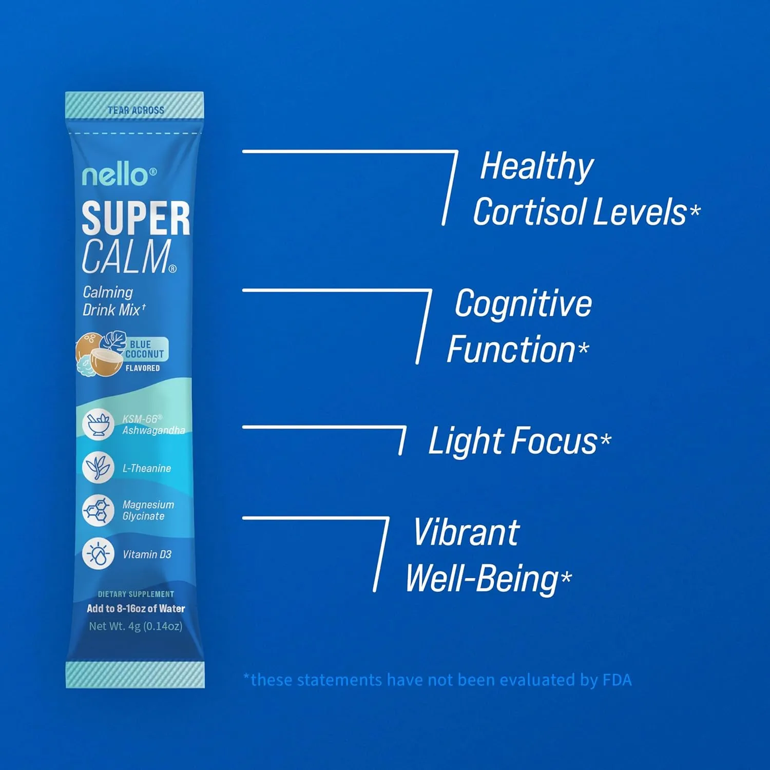 Supercalm Powdered Drink Mix, Blue Coconut, L Theanine, Ksm-66 Ashwagandha, Magnesium Glycinate, Vitamin D 3, Supplements for Relaxation & Focus, No Sugar, Non GMO, On The Go, 20 Srvgs