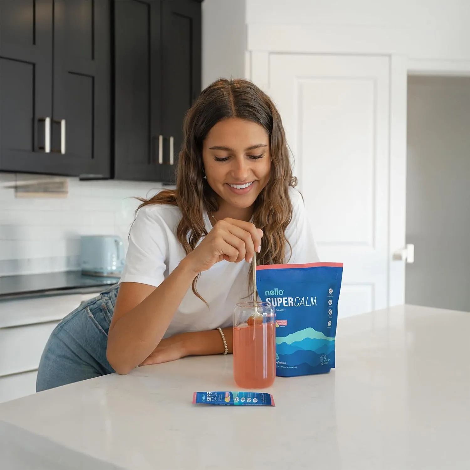 Supercalm Powdered Drink Mix, Raspberry Lemonade, L Theanine, Ksm-66 Ashwagandha, Magnesium Glycinate, Vitamin D 3, Supplements for Relaxation & Focus, No Sugar, Non GMO, On The Go, 20 Ct