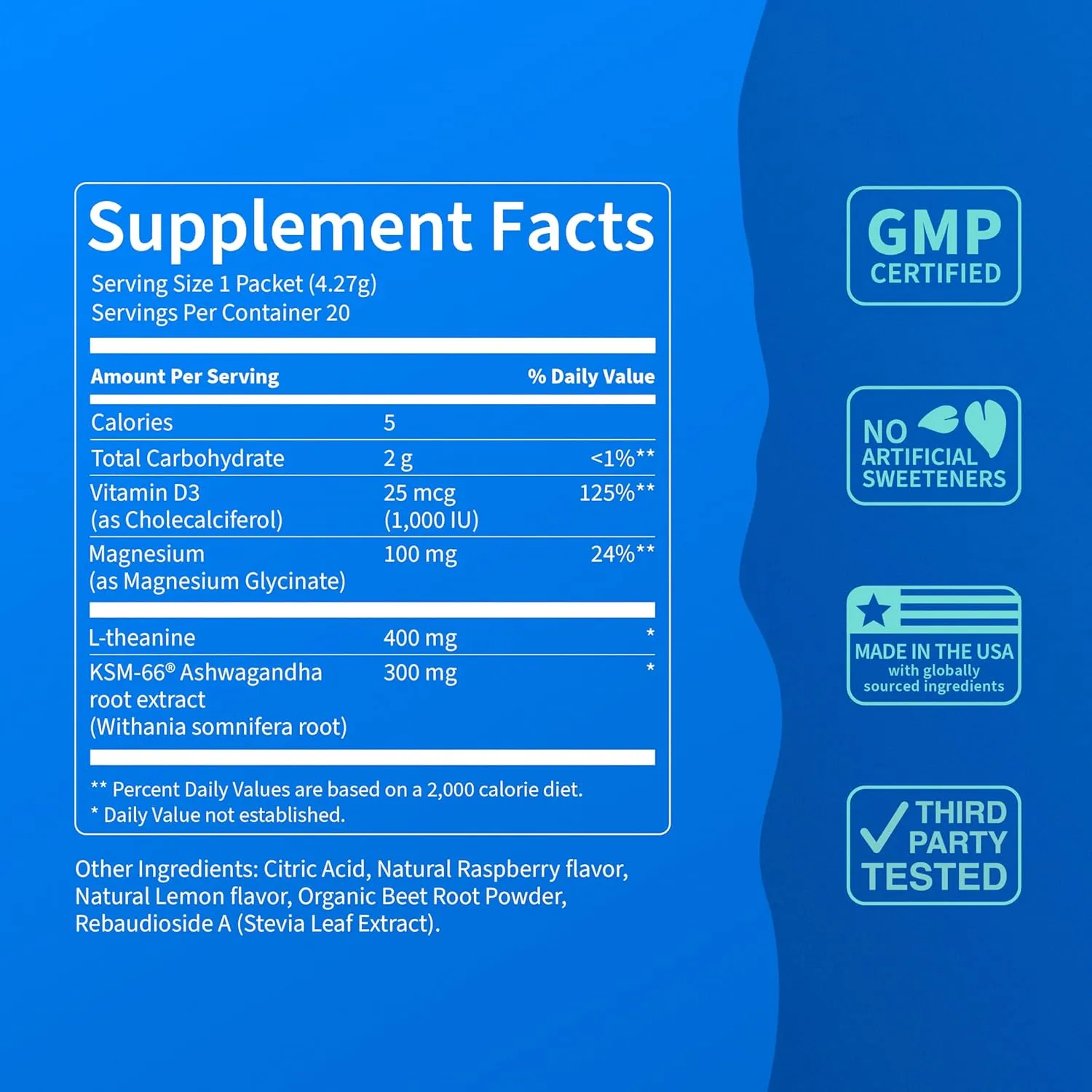 Supercalm Powdered Drink Mix, Raspberry Lemonade, L Theanine, Ksm-66 Ashwagandha, Magnesium Glycinate, Vitamin D 3, Supplements for Relaxation & Focus, No Sugar, Non GMO, On The Go, 20 Ct
