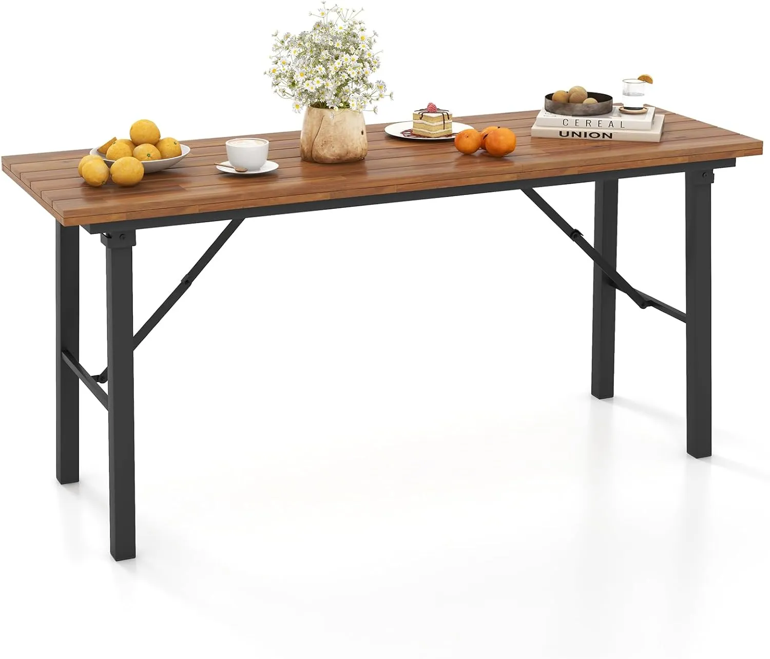 Tangkula Outdoor Dining Table for 4-6, No Assembly Foldable 59 Inches Narrow Patio Dining Table with Acacia Wood Top & Heavy Duty Metal Frame, for Yard, Garden, Poolside or Indoor (Natural)