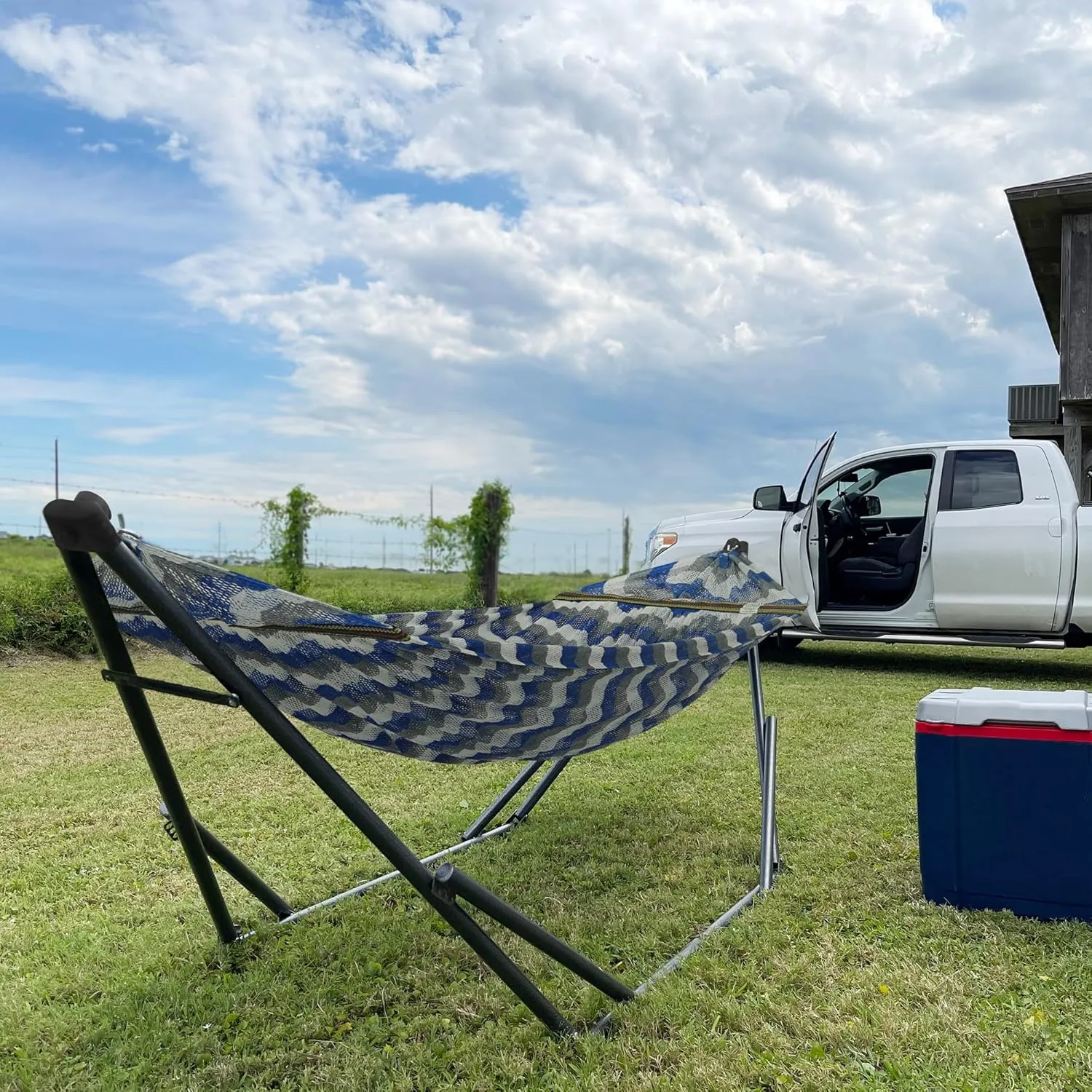 Tranquillo Uniki 550 lbs Capacity Double Hammock Stand, Adjustable, Collapsible Camping Hammock and Stand, Signature Steel Stand Breathable Polyester Hammock Net, Chevron