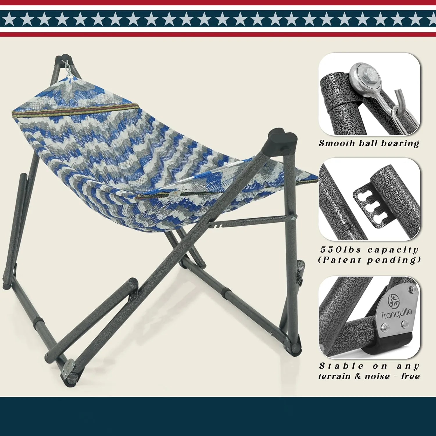 Tranquillo Uniki 550 lbs Capacity Double Hammock Stand, Adjustable, Collapsible Camping Hammock and Stand, Signature Steel Stand Breathable Polyester Hammock Net, Chevron