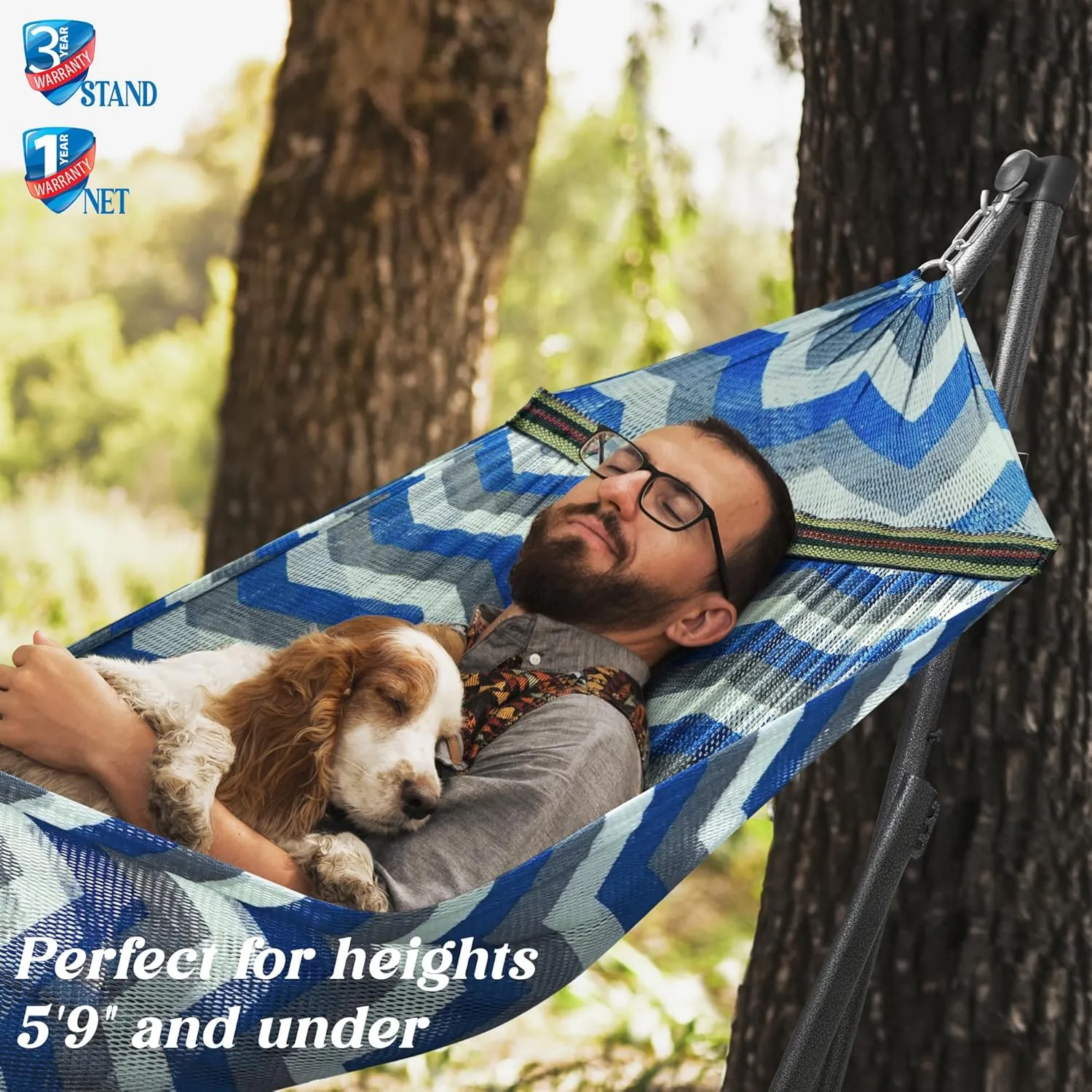 Tranquillo Uniki 550 lbs Capacity Double Hammock Stand, Adjustable, Collapsible Camping Hammock and Stand, Signature Steel Stand Breathable Polyester Hammock Net, Chevron