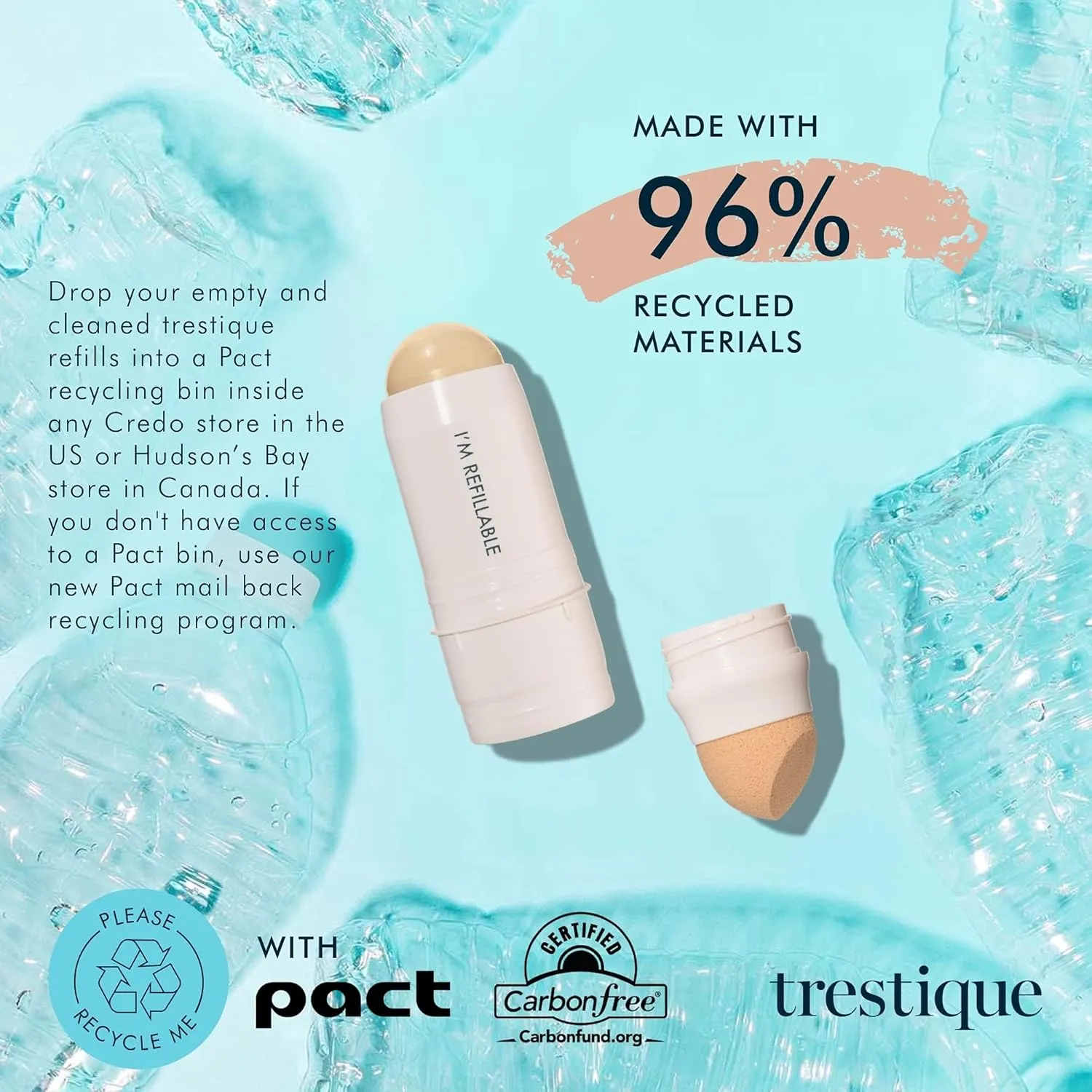 Trestique Refillable Face Stick Foundation with Built-In Sponge, Clean Beauty Medium Coverage Sustainable Makeup