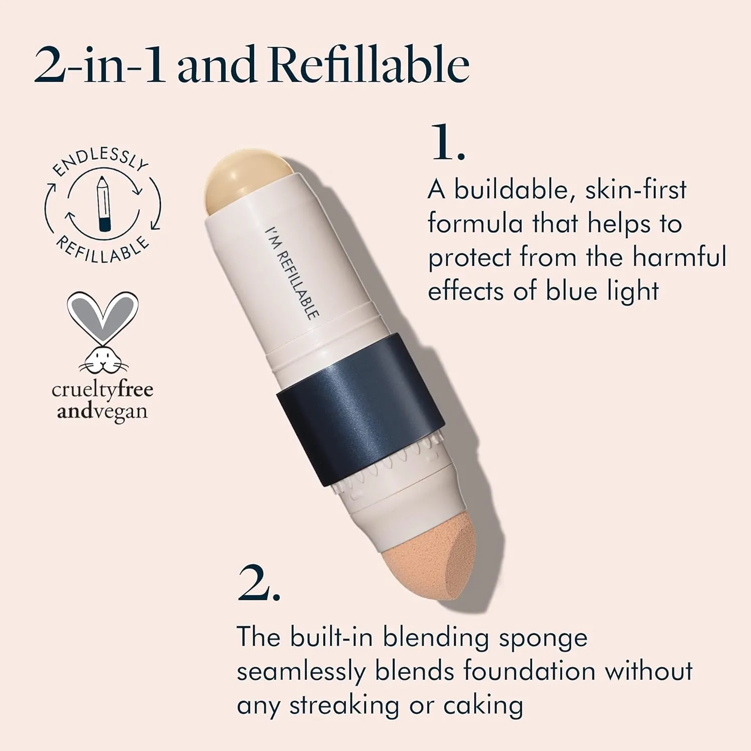 Trestique Refillable Face Stick Foundation with Built-In Sponge, Clean Beauty Medium Coverage Sustainable Makeup