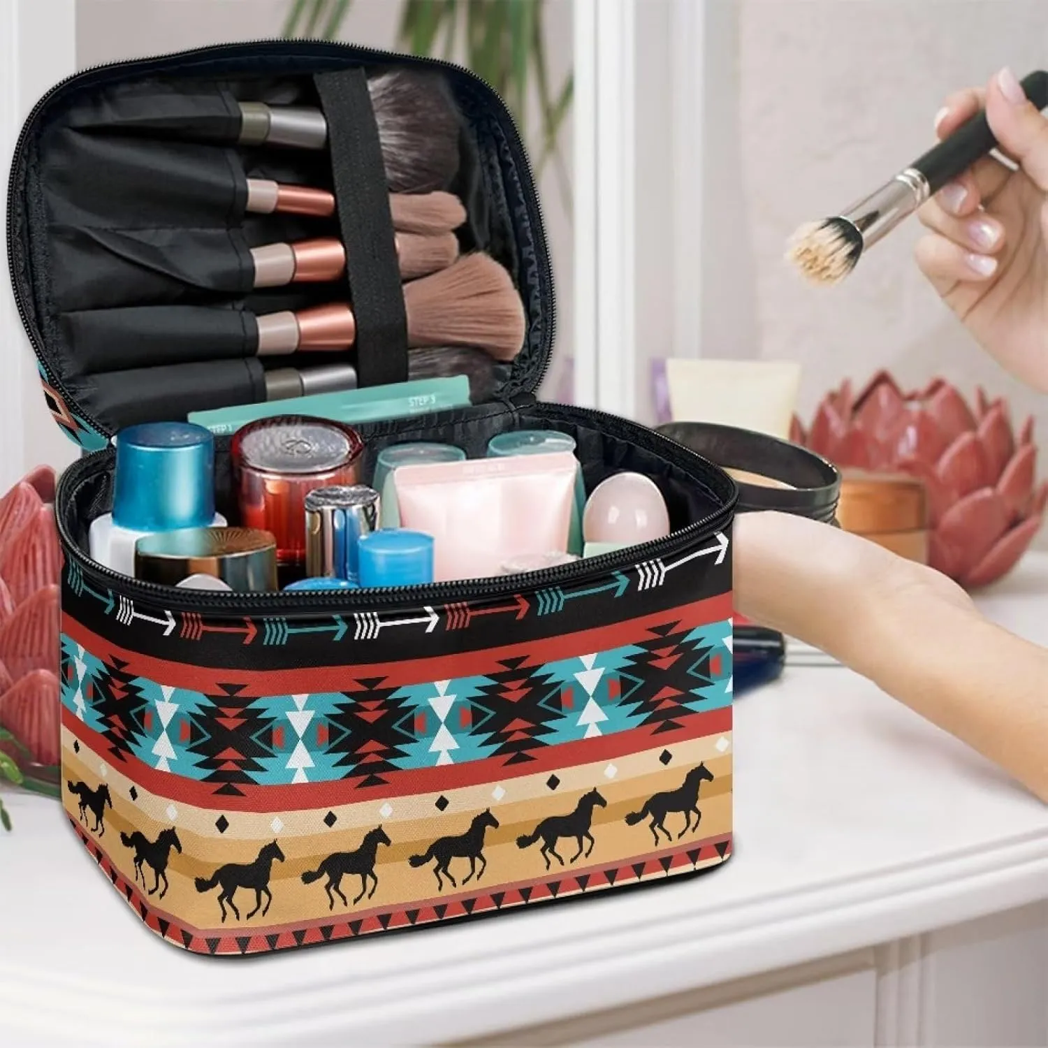 Uasibuni Aztec Large Makeup Bag Cosmetic Zipper Pouch Travel Cosmetic Case Organizer Bag for Women Cosmetic Bag