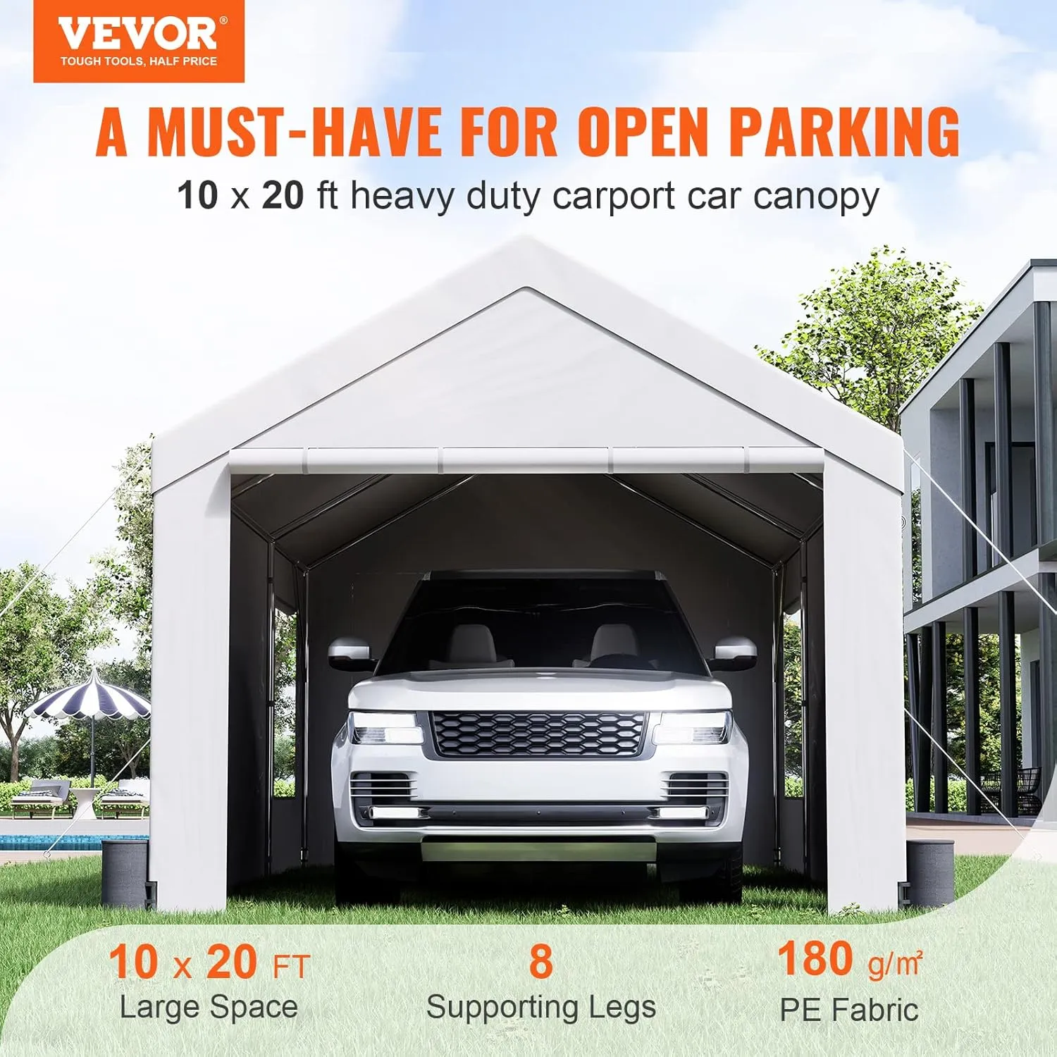VEVOR Heavy Duty Carport, 10x20ft Car Canopy, Portable Garage with Roll-up Ventilated Windows & Removable Sidewalls, UV Resistant Waterproof All-Season Tarp for SUV, F150, Car, Truck, Boat