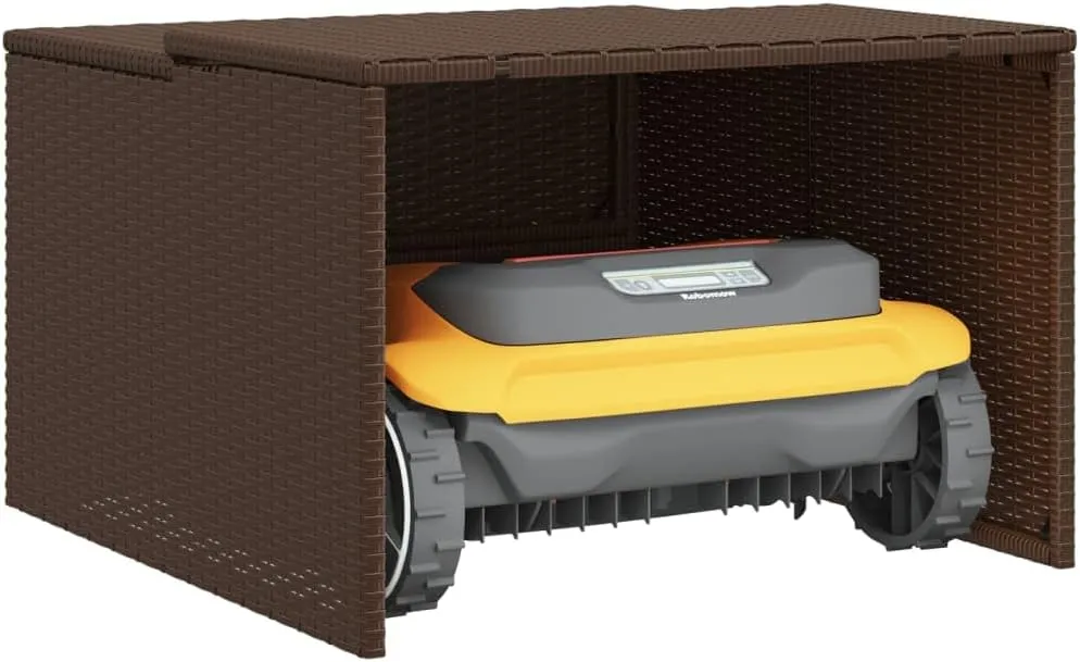 vidaXL Robot Mower Garage - Brown Poly Rattan, Weather-Resistant Storage Shed, 33.9"x35.4"x20.5"/22.4" for Garden Robotic Lawn Mower