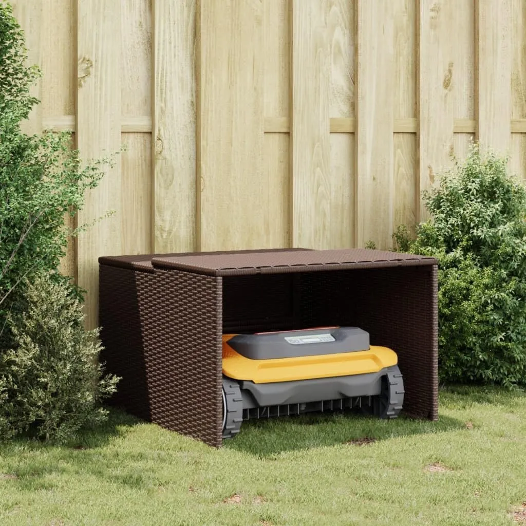 vidaXL Robot Mower Garage - Brown Poly Rattan, Weather-Resistant Storage Shed, 33.9"x35.4"x20.5"/22.4" for Garden Robotic Lawn Mower