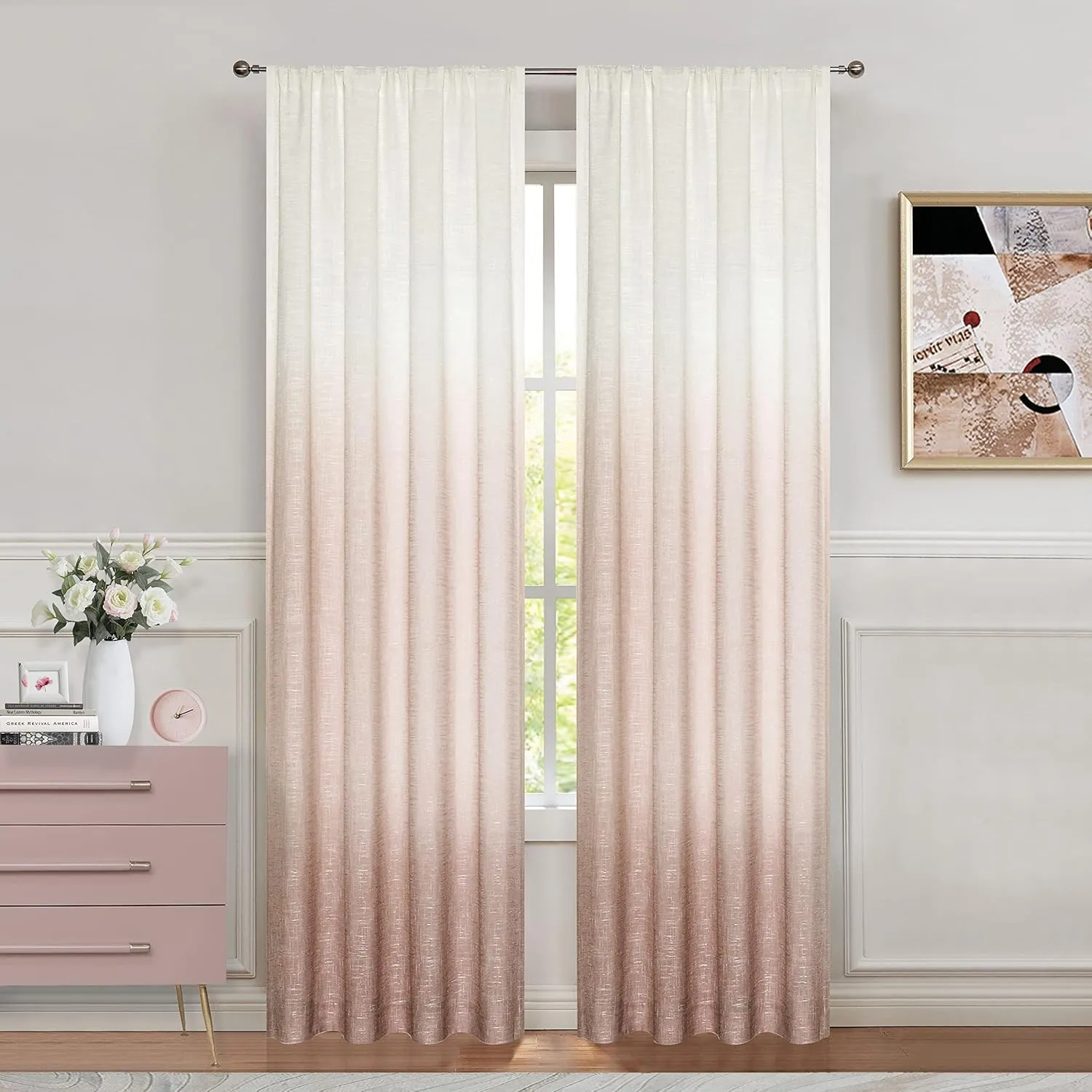 Vision Home Pink Ombre Window Curtains Linen Texture Gradient Light Filtering Semi Sheer Curtains 84 inch Length for Living Room Bedroom Rod Pocket,Cream White to Blush,50" Wx84 L,2 Panels
