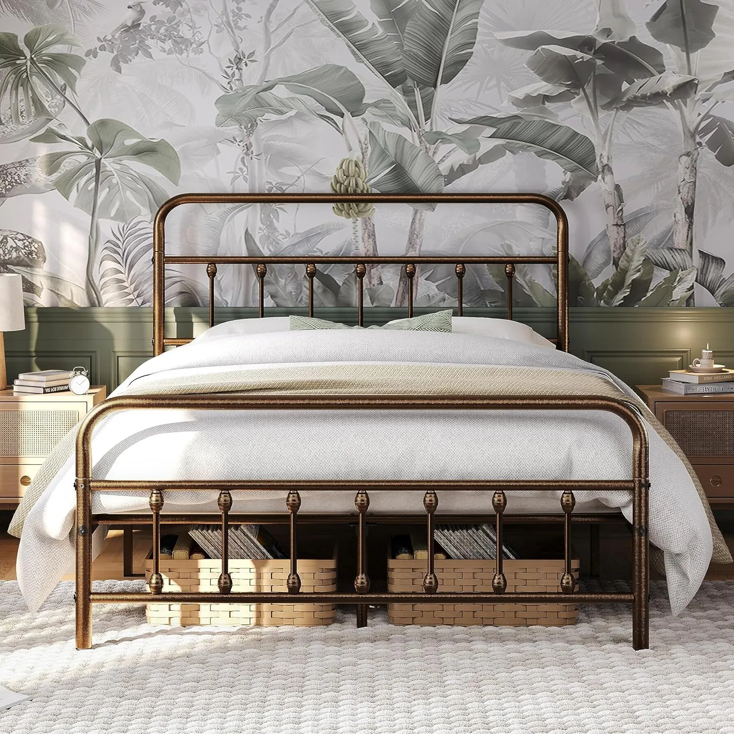 Yaheetech Classic Metal Platform Bed Frame Mattress Foundation with Victorian Style Iron-Art Headboard/Footboard/Under Bed Storage/No Box Spring Needed/Queen Size Bronze