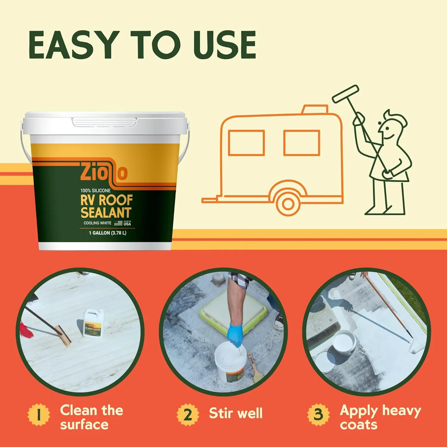 Ziollo RV Flex Repair 100% Silicone RV Roof Sealant - Premium Leak Repair & Waterproofing for Motorhomes, Trailers, and Campers - One Coat, No Priming Needed, 1 Gallon